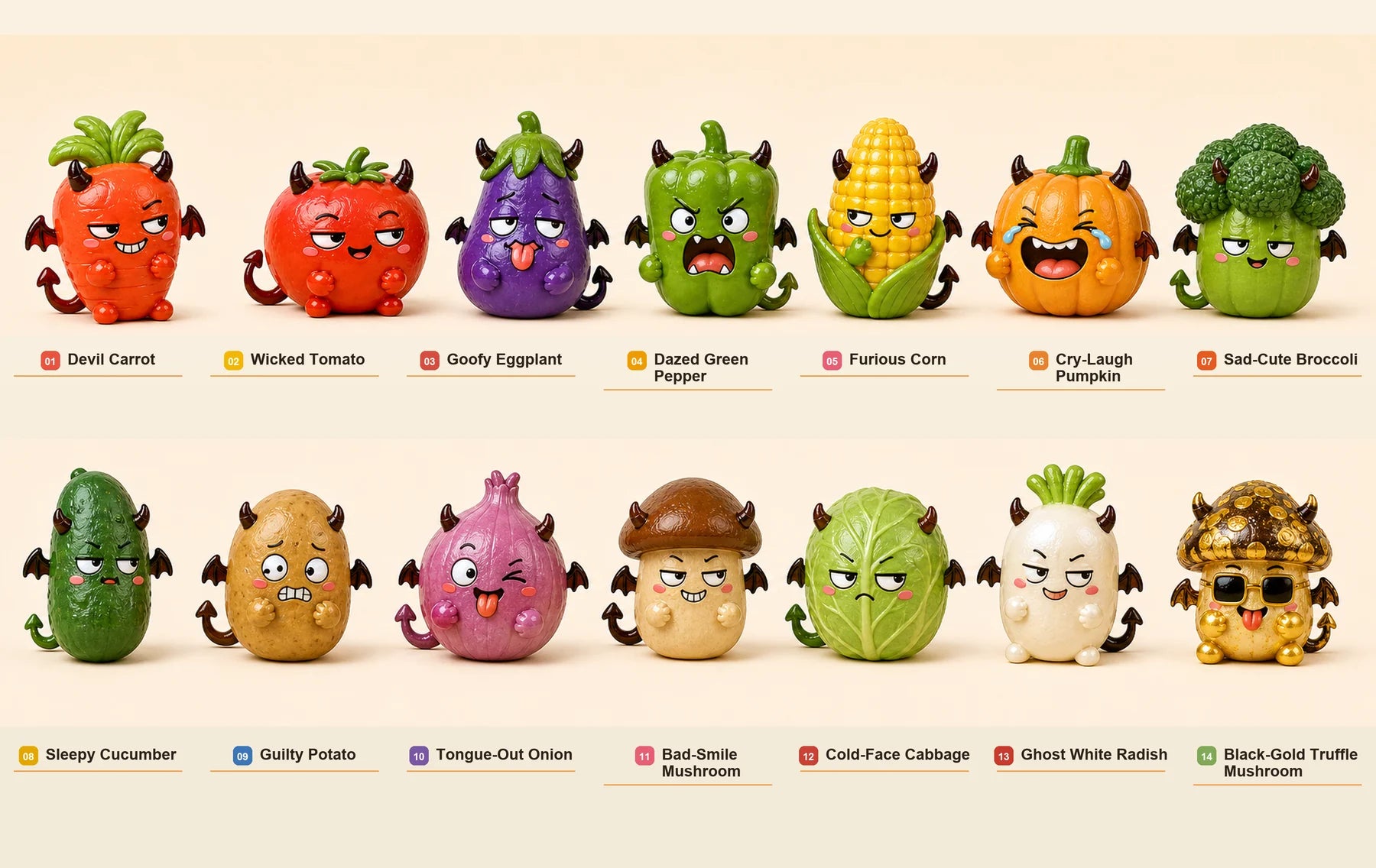 Biliboli devil vegetable squishy toy lineup